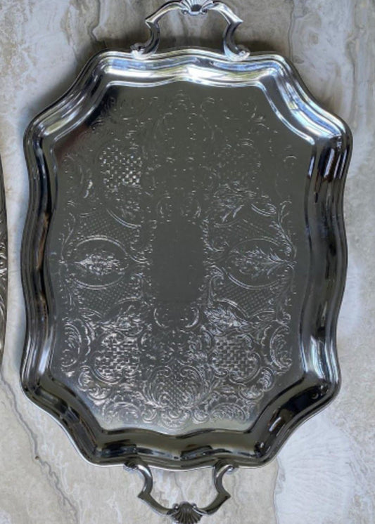 Vintage Silver Tray with Ornate Edge & Handles