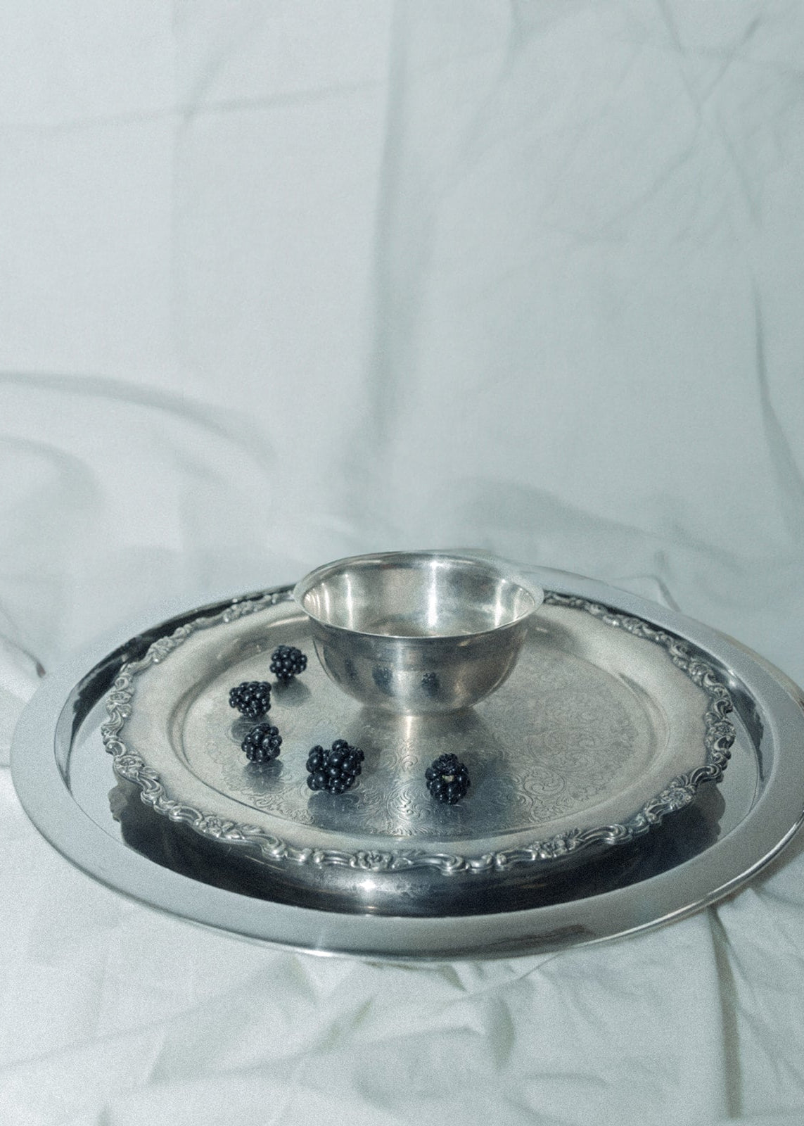 Vintage Silver Scallop-Edge Serving Tray with Bowl