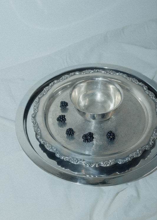 Vintage Silver Scallop-Edge Serving Tray with Bowl