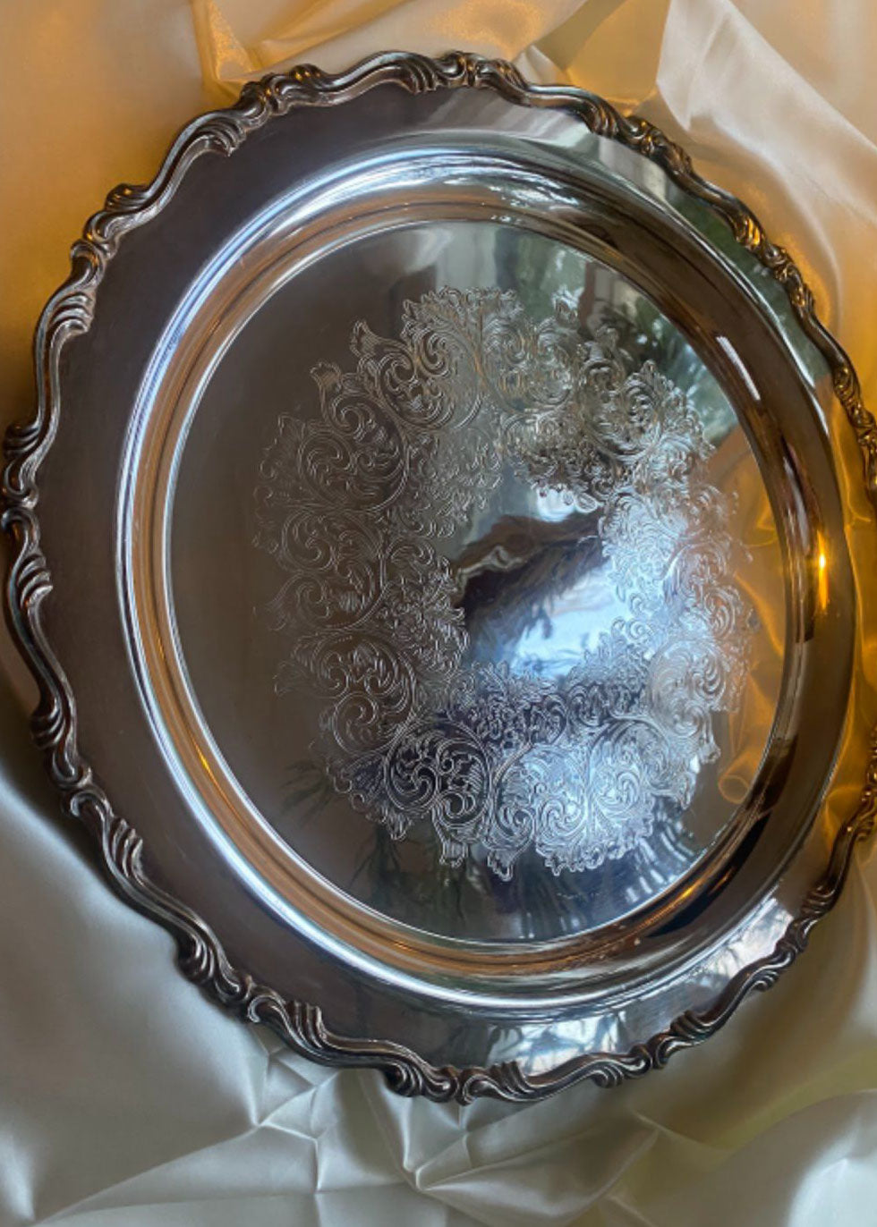 Vintage Silver Round Tray with Scalloped Edge