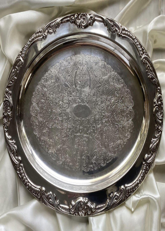 Vintage Oval Silver Tray with Embossed Detail