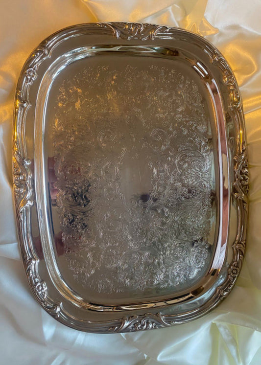 Vintage Rectangular Silver Tray with Embossed Detail